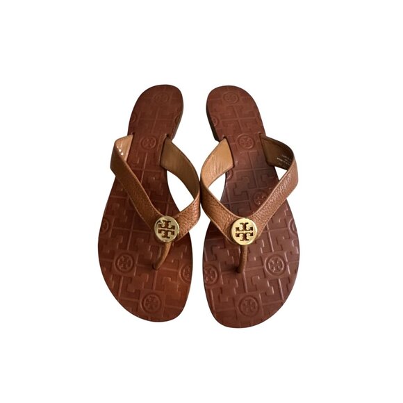 TORY BURCH Tan Gold Leather Strap Flip Flop Sandals Size 8 - Picture 10 of 10
